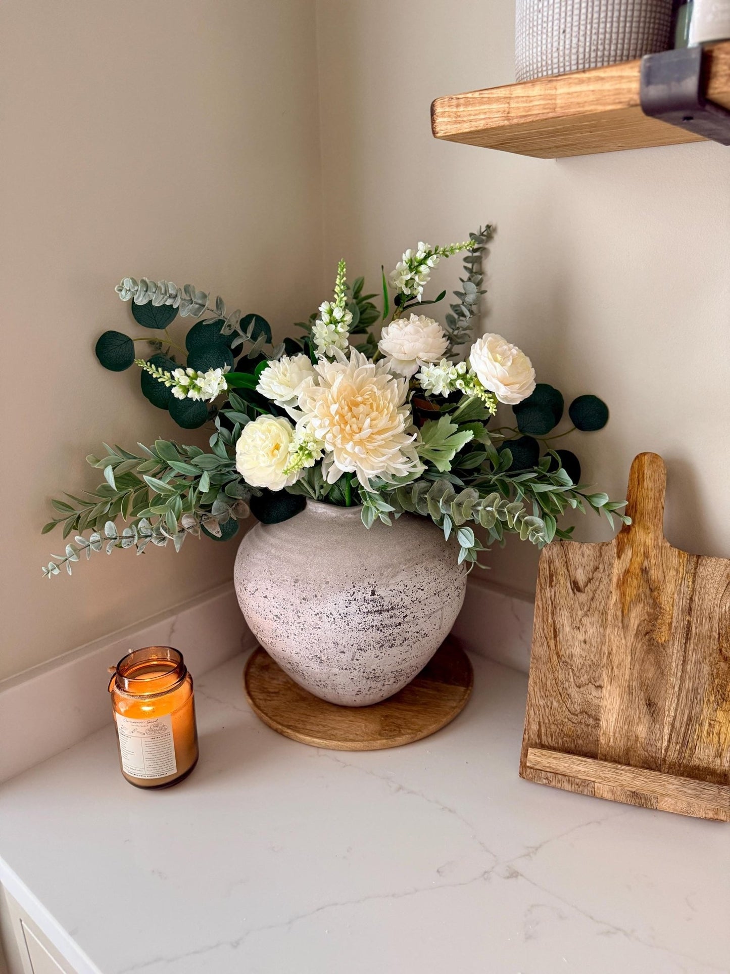 White Wedding Handmade Faux Flower Arrangement | Luxury White & Green Eucalyptus Display - NalaWillowCo