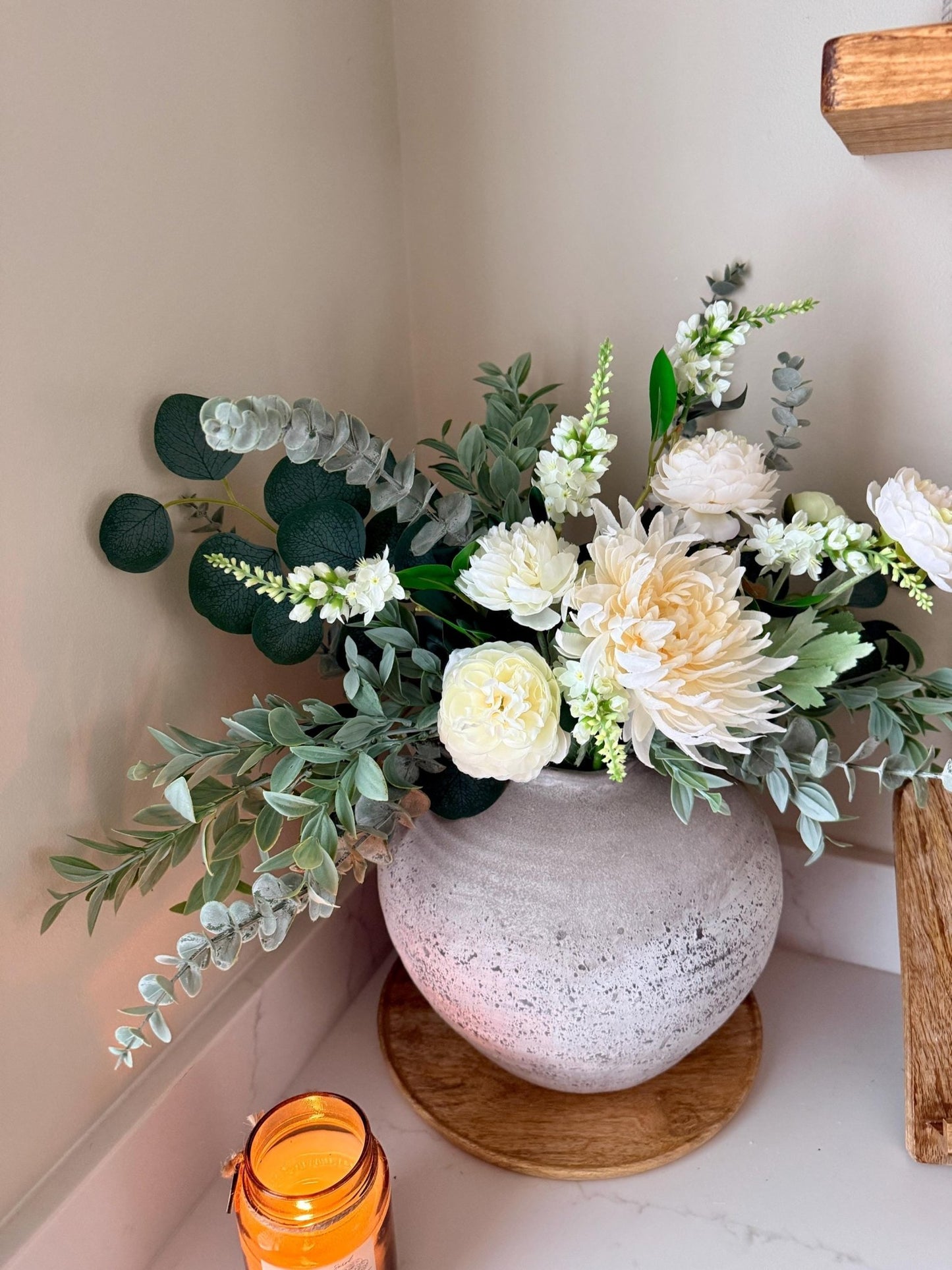 White Wedding Handmade Faux Flower Arrangement | Luxury White & Green Eucalyptus Display - NalaWillowCo