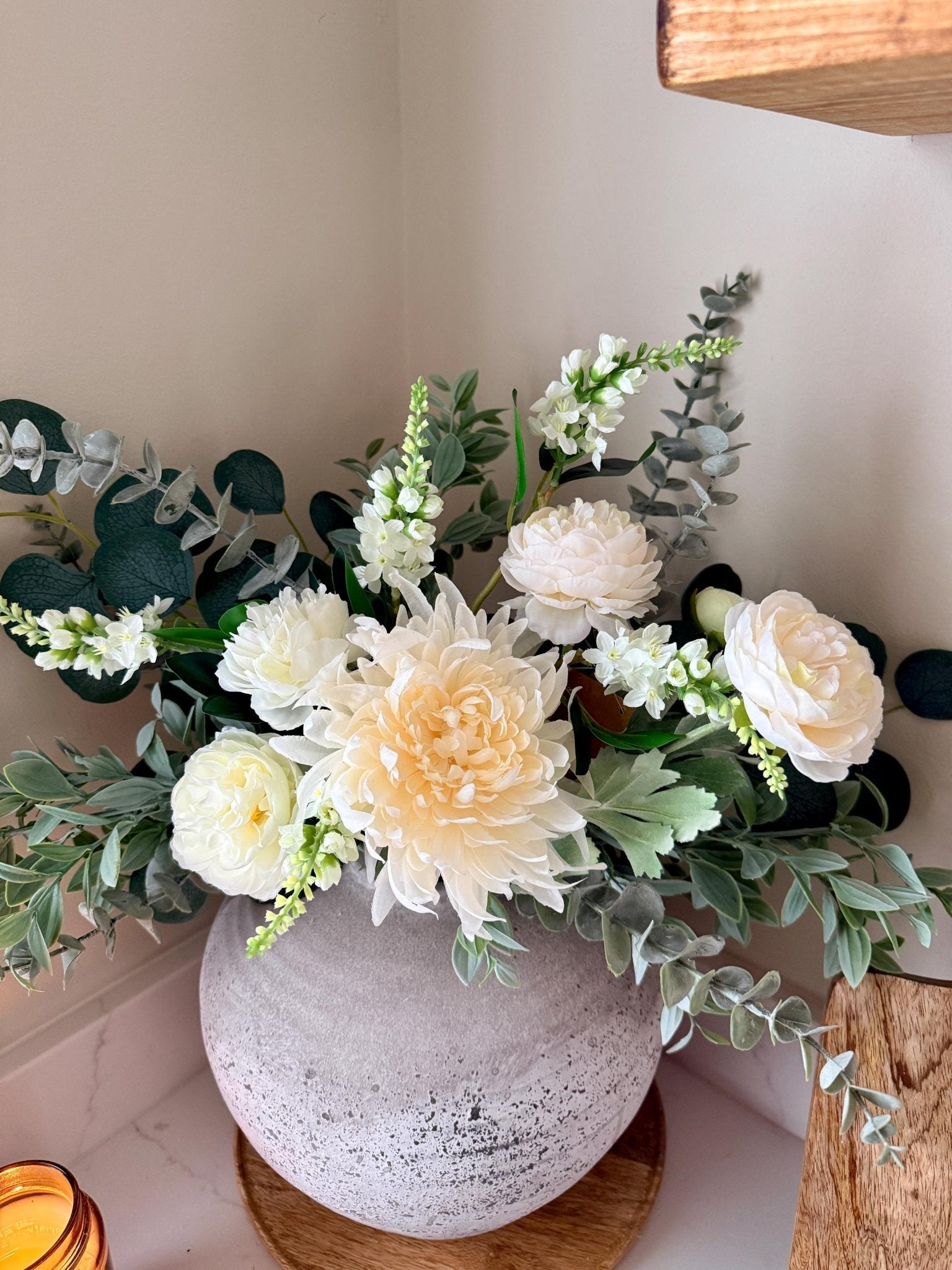 White Wedding Handmade Faux Flower Arrangement | Luxury White & Green Eucalyptus Display - NalaWillowCo