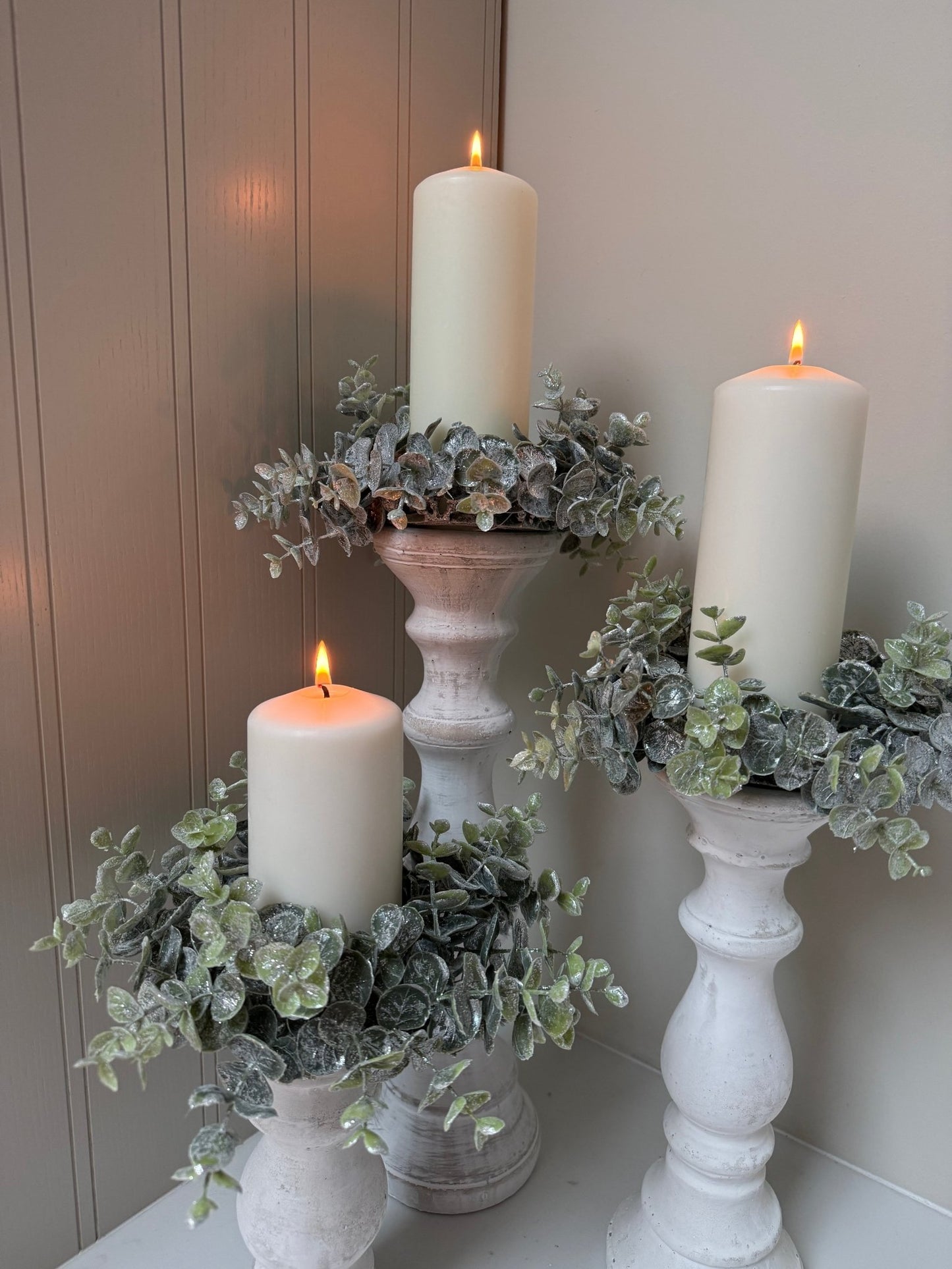 Whitewashed Candle Holder Set with Eucalyptus Wreath | Rustic Pillar Candlestick Centrepiece | Farmhouse Table Decor | Wedding Display - NalaWillowCo
