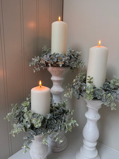 Whitewashed Candle Holder Set with Eucalyptus Wreath | Rustic Pillar Candlestick Centrepiece | Farmhouse Table Decor | Wedding Display - NalaWillowCo