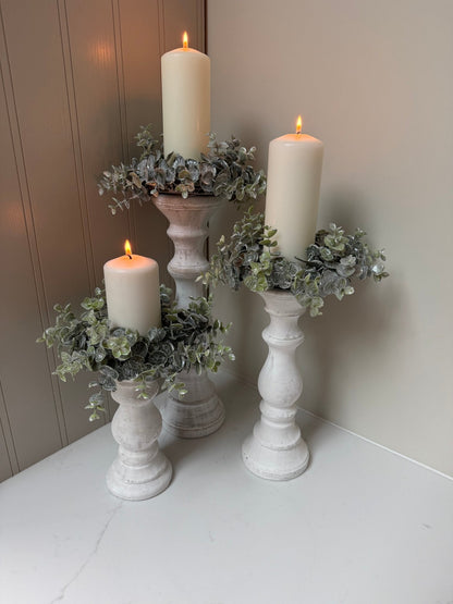 Whitewashed Candle Holder Set with Eucalyptus Wreath | Rustic Pillar Candlestick Centrepiece | Farmhouse Table Decor | Wedding Display - NalaWillowCo