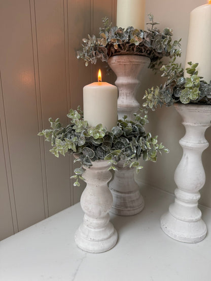 Whitewashed Candle Holder Set with Eucalyptus Wreath | Rustic Pillar Candlestick Centrepiece | Farmhouse Table Decor | Wedding Display - NalaWillowCo