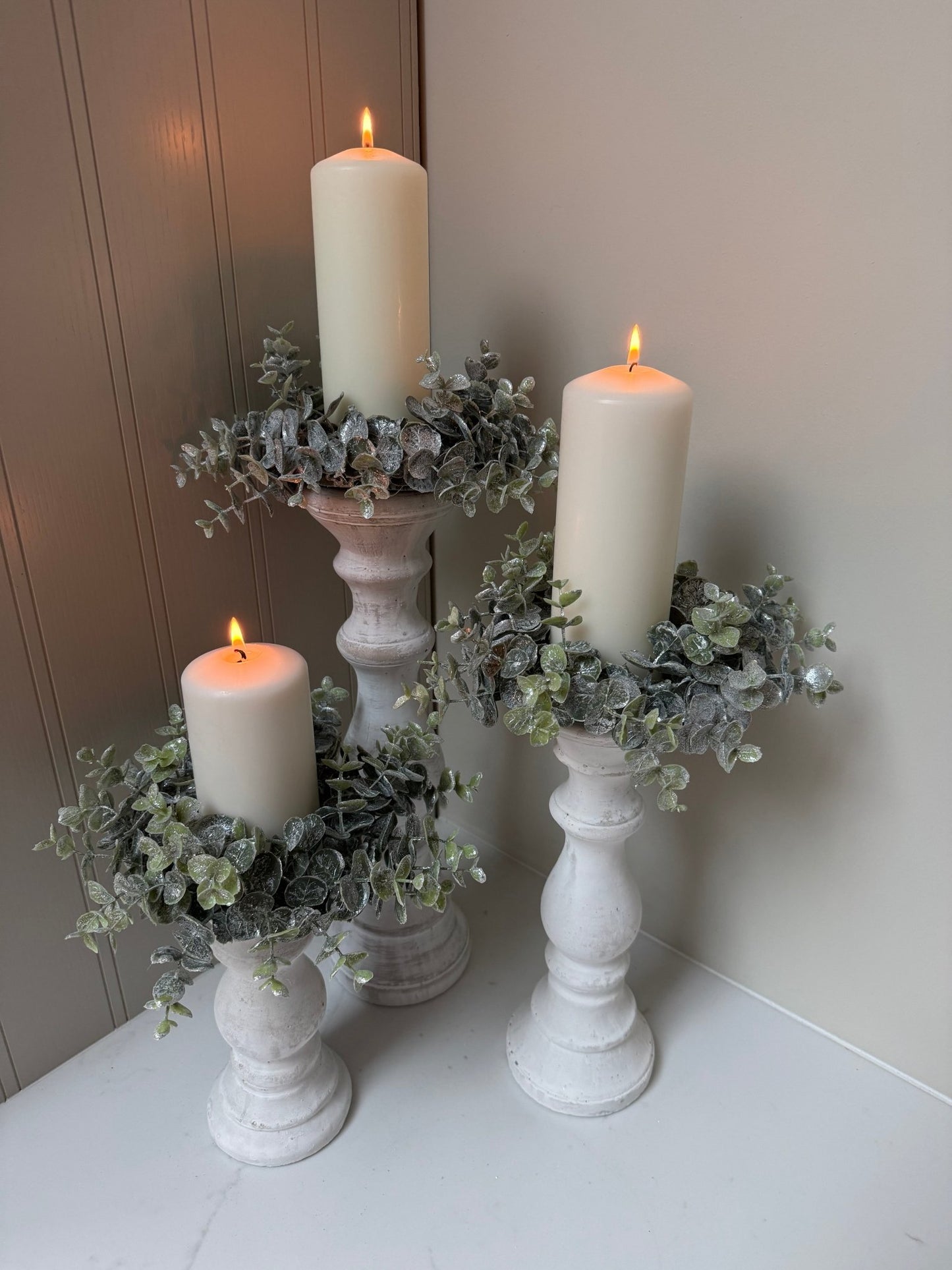 Whitewashed Candle Holder Set with Eucalyptus Wreath | Rustic Pillar Candlestick Centrepiece | Farmhouse Table Decor | Wedding Display - NalaWillowCo