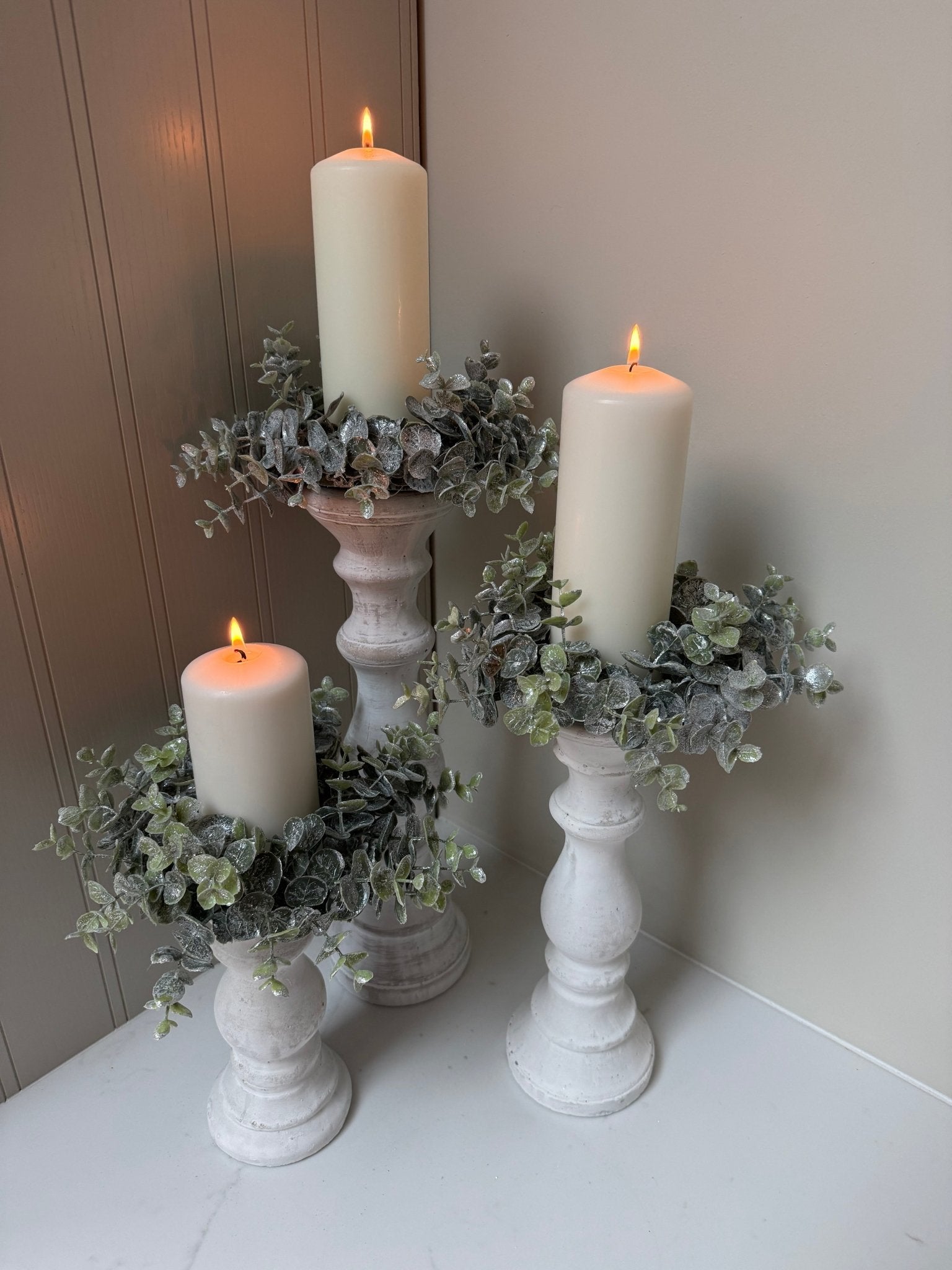 Whitewashed Candle Holder Set with Eucalyptus Wreath | Rustic Pillar Candlestick Centrepiece | Farmhouse Table Decor | Wedding Display - NalaWillowCo