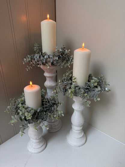Whitewashed Candle Holder Set with Eucalyptus Wreath | Rustic Pillar Candlestick Centrepiece | Farmhouse Table Decor | Wedding Display - NalaWillowCo